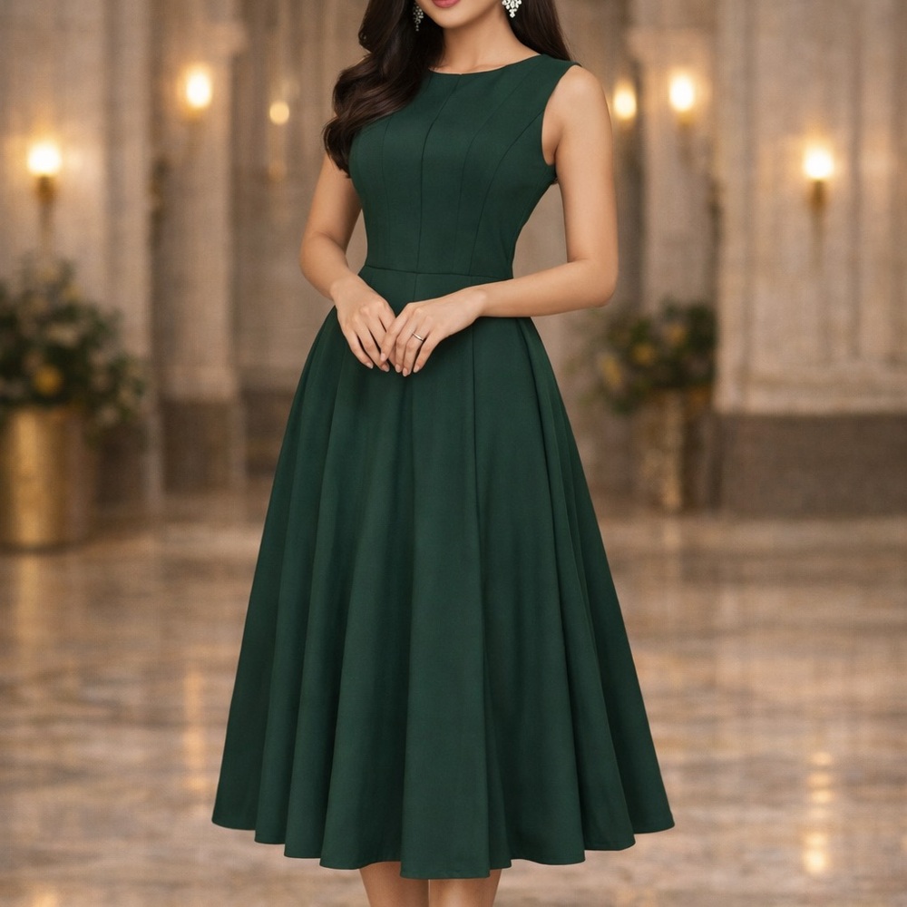 Ann Taylor Green Fit/Flare Sleeveless Midi Dress